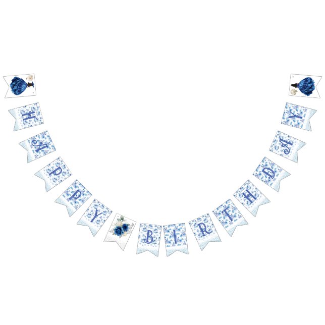 Blue Floral Princess Girl Birthday Party Wimpelkette (Alle)