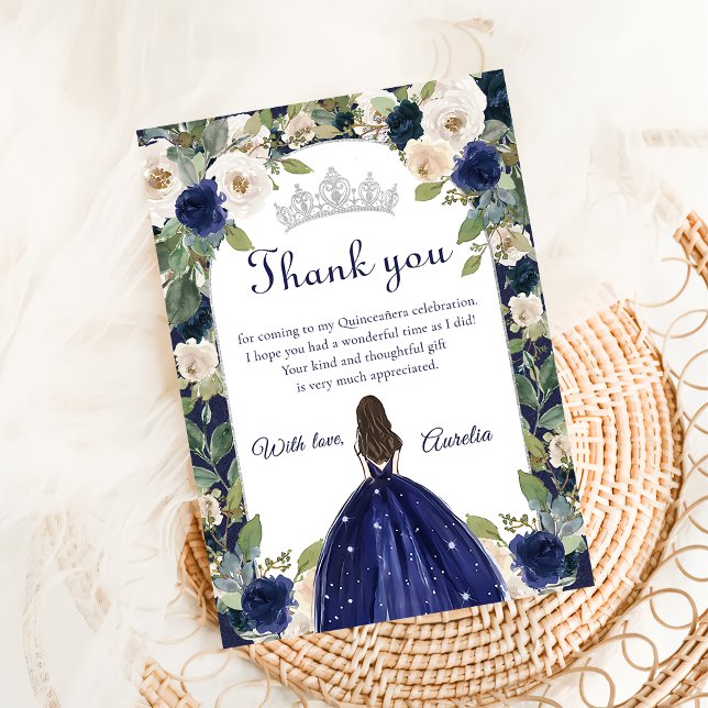 Blue Floral Princess Quinceanera Birthday Dankeskarte (Von Creator hochgeladen)