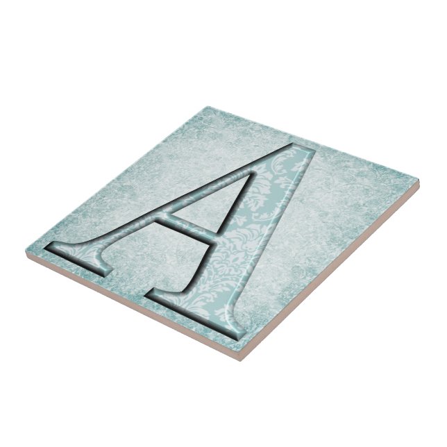 Blue Floral Print A monogram Initialen Geschenke Fliese (Seite)