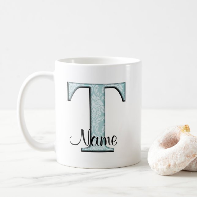 Blue Floral Print T Monogramm Initialen Coffee Tas Kaffeetasse (Mit Donut)