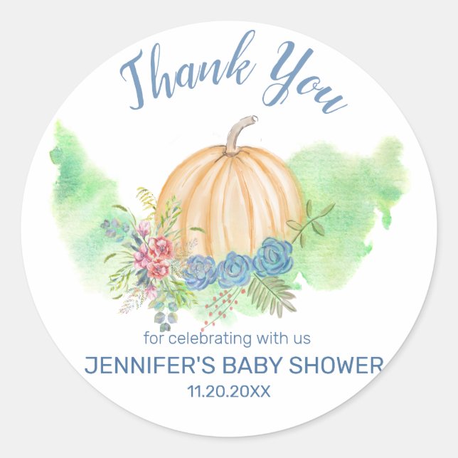 Blue Floral Pumpkin Baby Dusche Danke Runder Aufkleber (Vorderseite)