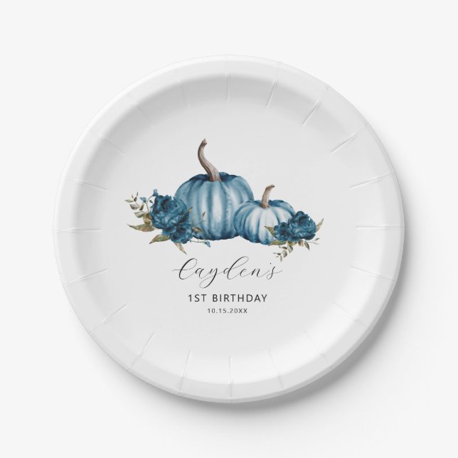 Blue Floral Pumpkin Birthday Party Pappteller (Vorderseite)