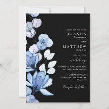 Blue Floral QR Code Black and White Wedding