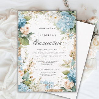 Blue Floral Quinceañera Elegant Celebration 15 Einladung