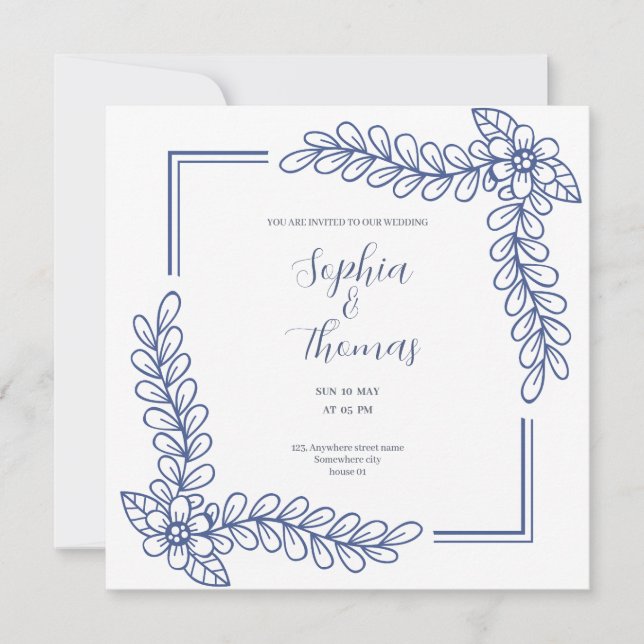 Blue Floral Rahmen elegante Hochzeitseinladung Einladung (Vorderseite)
