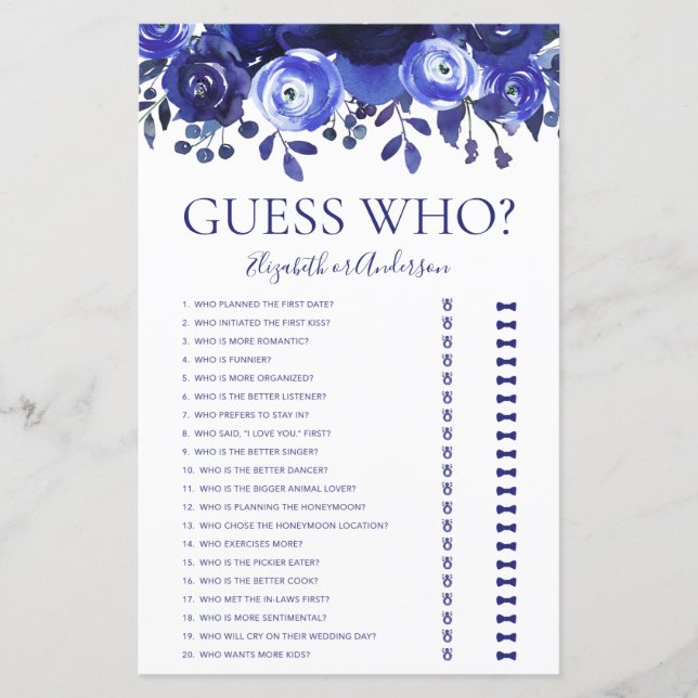 Blue Floral Rate Who Brautparty Game (Vorderseite)