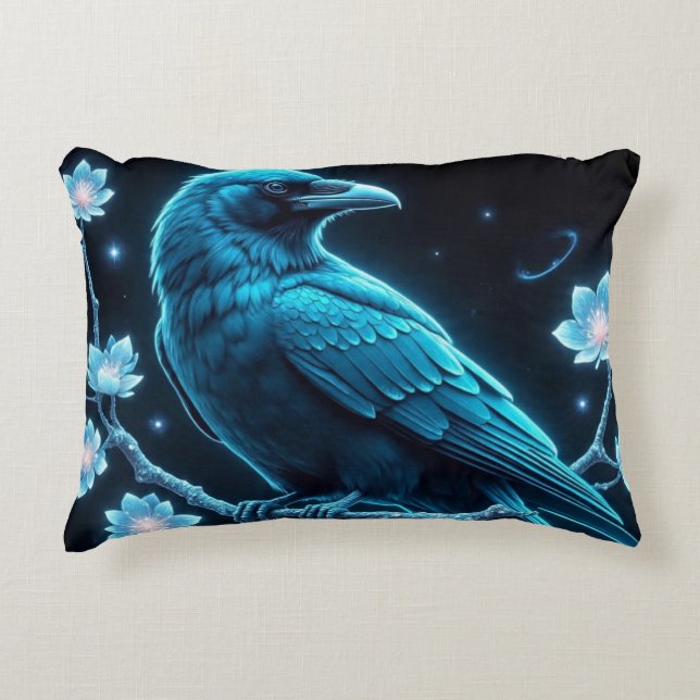 Blue Floral Raven Dekokissen (Vorderseite)