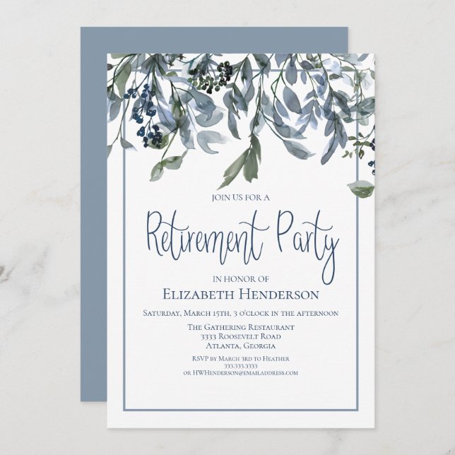 Blue Floral Retirement Party Einladung (Vorne/Hinten)