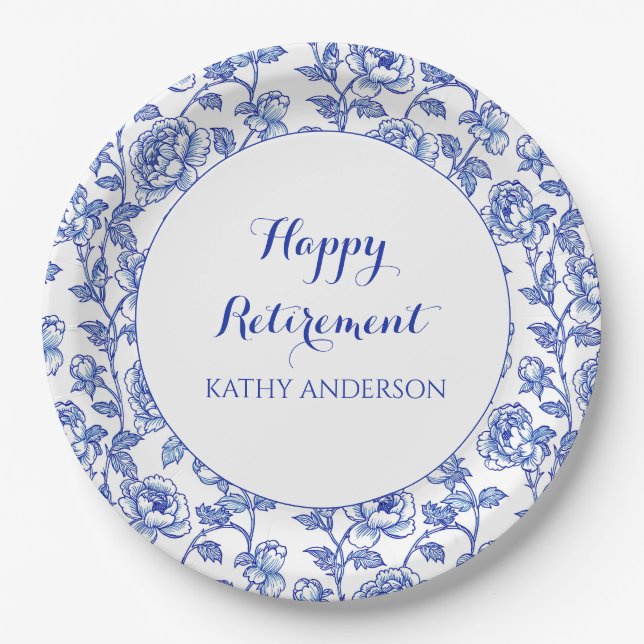 Blue Floral Retirement Party Pappteller (Vorderseite)