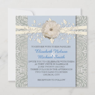Blue Floral Ribbon Silver Damask Wedite Einladung