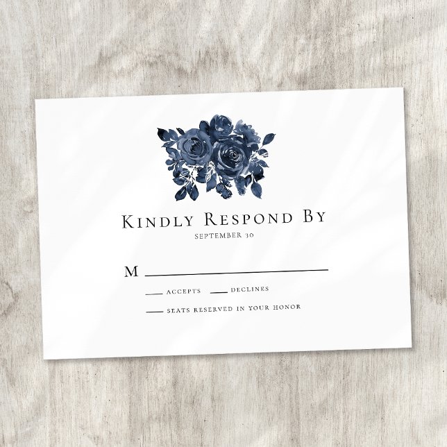 Blue Floral Rose Wedding RSVP Card Mitteilungskarte (Von Creator hochgeladen)