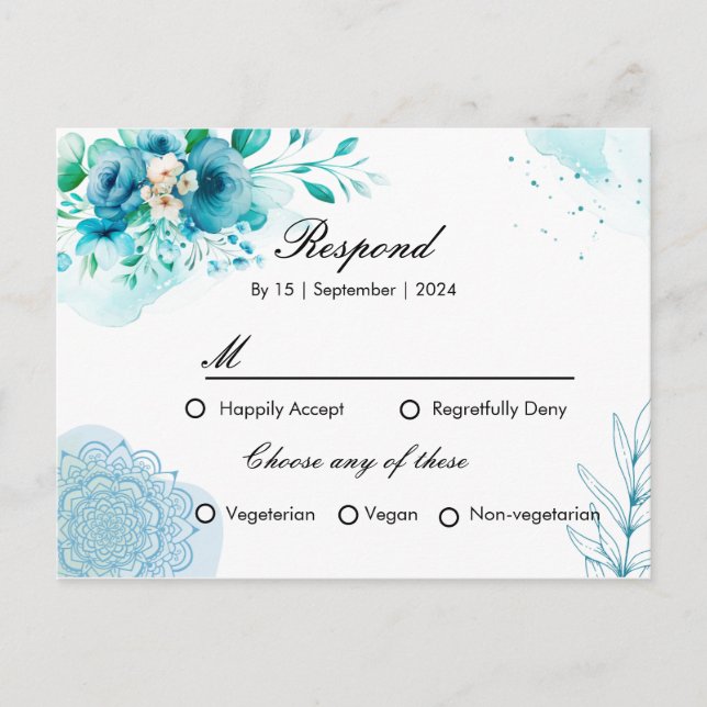 Blue floral RSPV Einladungskarte für Hochzeiten (Vorderseite)