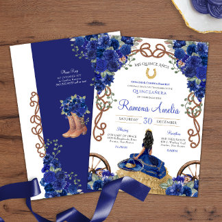 Blue Floral Rustikaler Charro Western Quinceañera Einladung