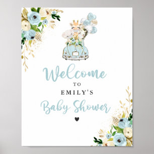 Blue Floral Safari Animals Drive by Baby Dusche Poster