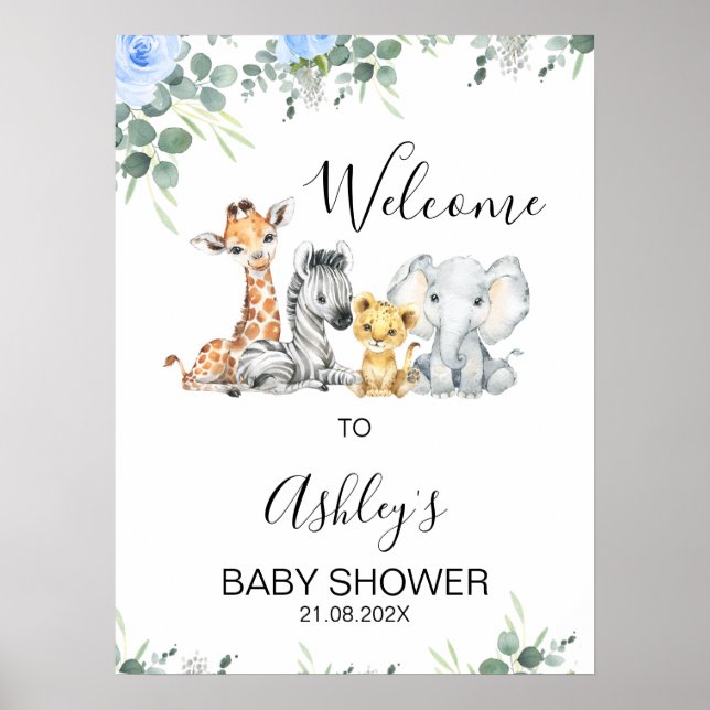 Blue Floral Safari Baby Dusche Begrüßungszeichen Poster (Vorne)