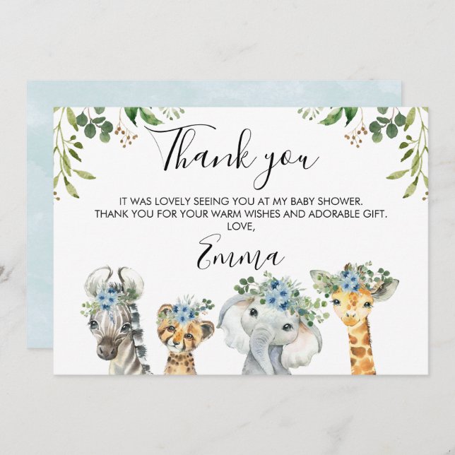 Blue Floral Safari Baby Dusche Danke Karte (Vorne/Hinten)