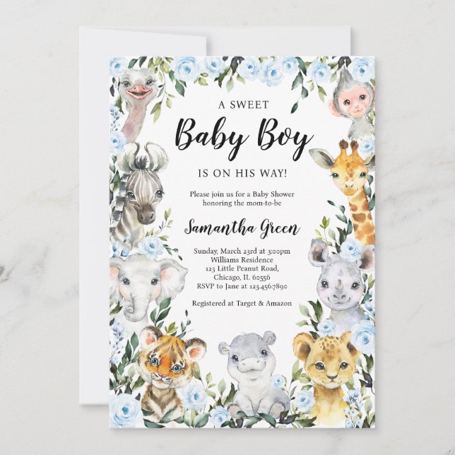 Blue Floral Safari Jungle Baby Shower Einladung (Vorderseite)