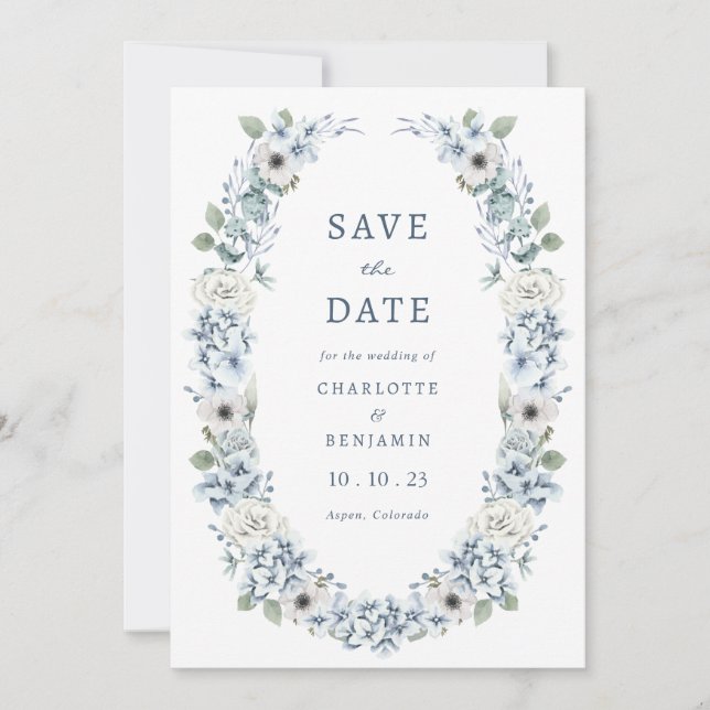 Blue Floral Save the Date (Vorderseite)