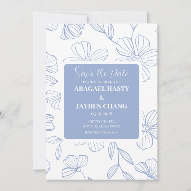 Blue Floral Save the Date Einladung (Vorderseite)