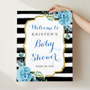 Blue Floral Schwarz-weiß Stripe Baby Duschzeichen Poster