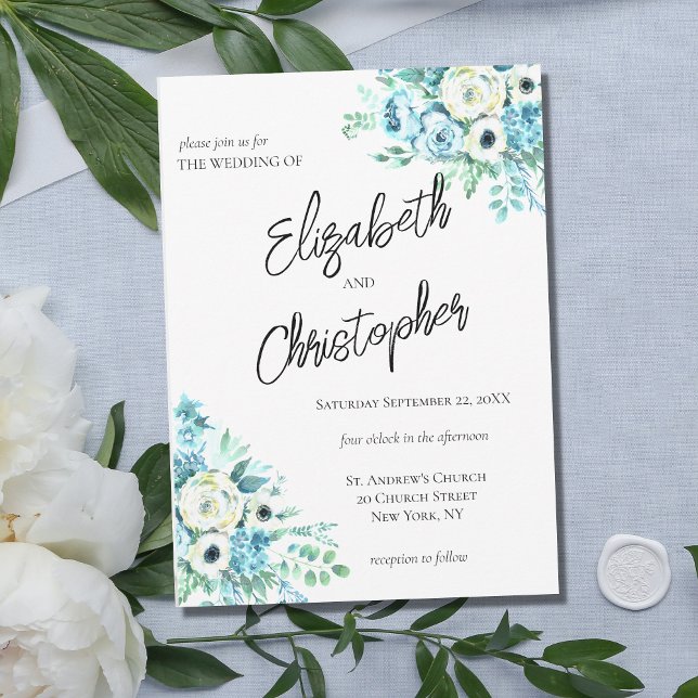Blue Floral Script Calligraphy Elegante Wedding Einladung (Von Creator hochgeladen)