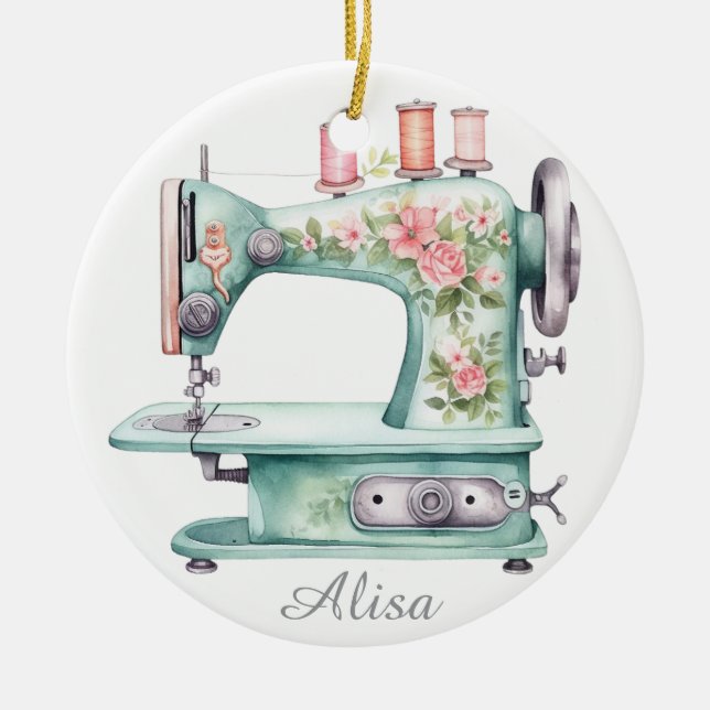 Blue Floral Sewing Machine Ornament  (Vorne)
