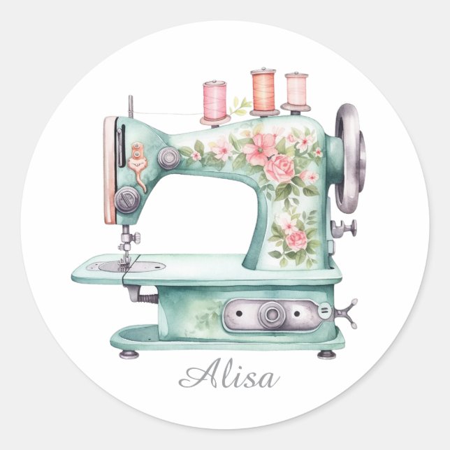 Blue Floral Sewing Machine Round Stickers (Vorderseite)