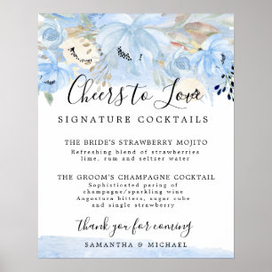 Blue Floral Signature Cocktails Hochzeitszeichen B Poster
