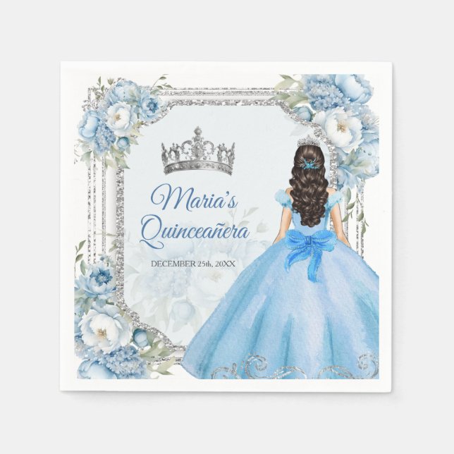 Blue Floral Silver Crown Quinceañera Paper Serviette (Vorderseite)