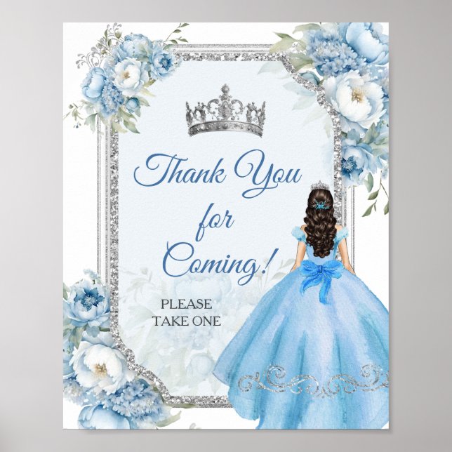Blue Floral Silver Crown Quinceañera Vielen Dank Poster (Vorne)