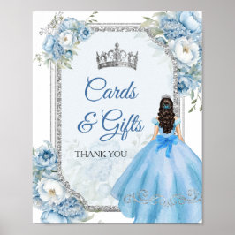 Blue Floral Silver Crown Quinceñera Karten und Ges Poster
