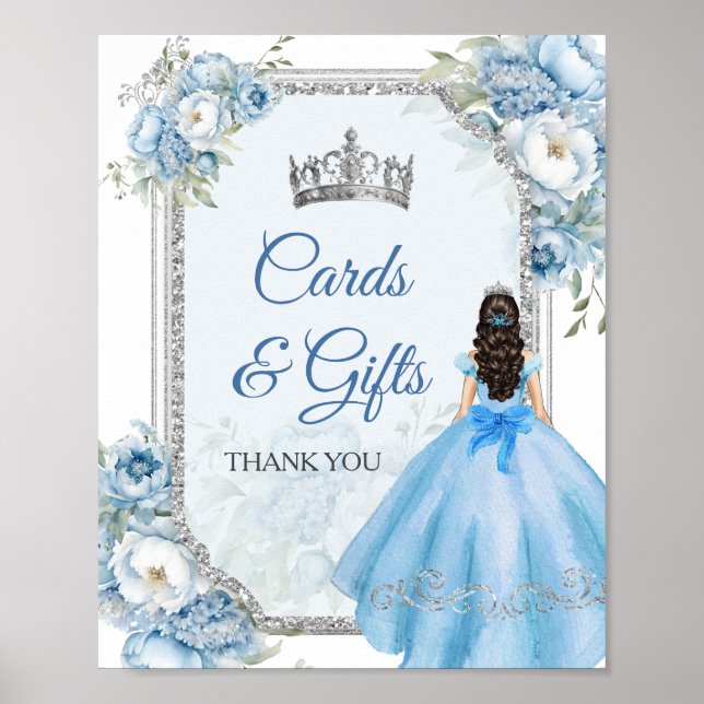Blue Floral Silver Crown Quinceñera Karten und Ges Poster (Vorne)
