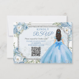 Blue Floral Silver Crown Quinceñera QR Rsvp Card Dankeskarte