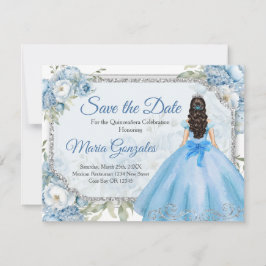Blue Floral Silver Crown Quinceñera Save the Date Dankeskarte