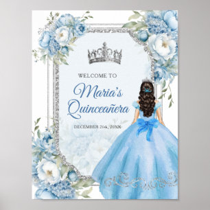 Blue Floral Silver Crown Quinceñera Willkommen Poster