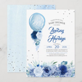 Blue Floral Silver Glitzer Balloon Babydusche Einladung