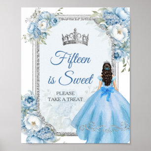 Blue Floral Silver Quinceañera Fünfzehn ist süß Poster
