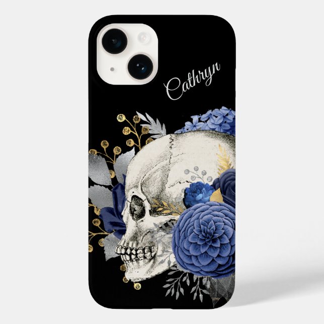 Blue Floral Skull Personalisiert Case-Mate iPhone Hülle (Rückseite)