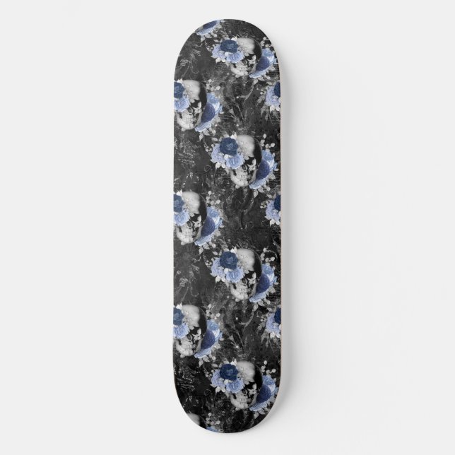 Blue Floral Skull Serie Design 1 Skateboard (Vorderseite)