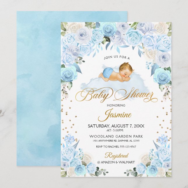 Blue Floral Sleeping Baby Dusche Einladung (Vorne/Hinten)