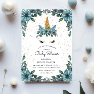 Blue Floral Sleepy Unicorn Virtual Baby Dusche Einladung