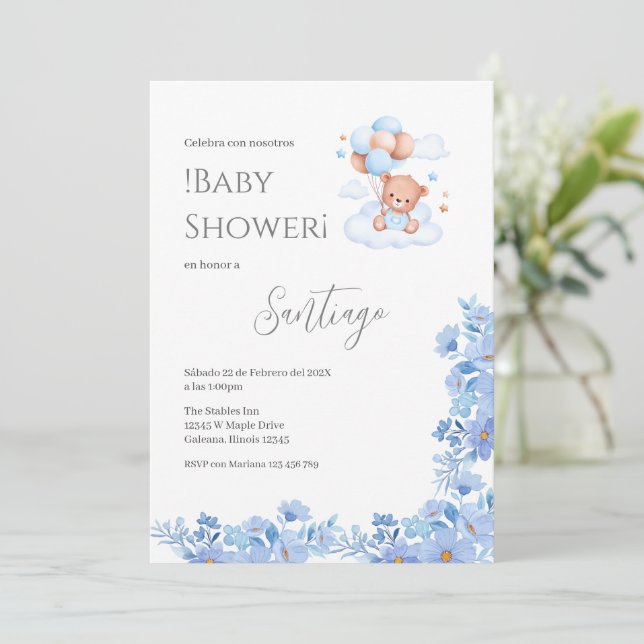 Blue floral Spanish Baby Shower Boy invitation Einladung (Stehend Vorderseite)
