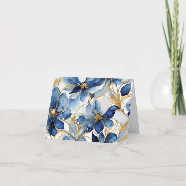 Blue Floral Stationery mit Gold Akzenten Dankeskarte (Vorderseite)