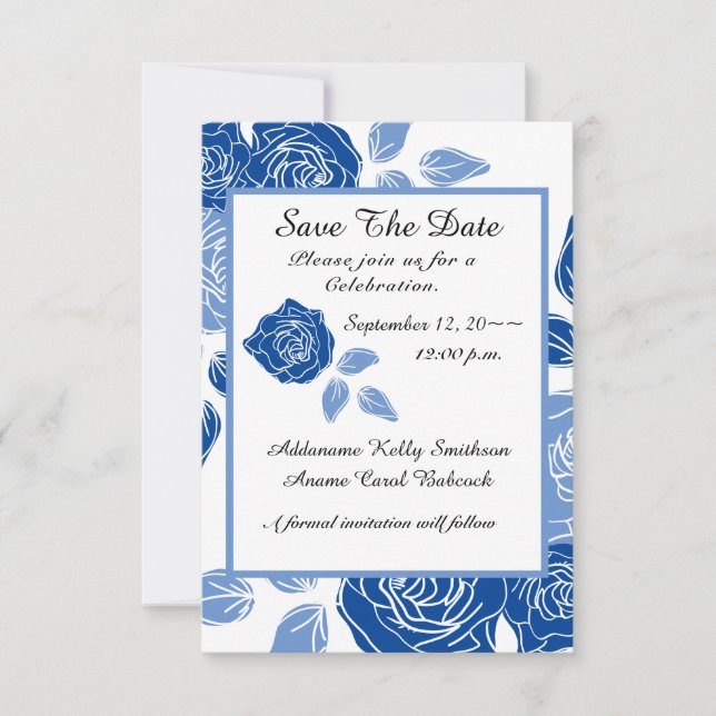Blue Floral Stilvolle Rose Chic Simple Wedding Save The Date (Vorderseite)
