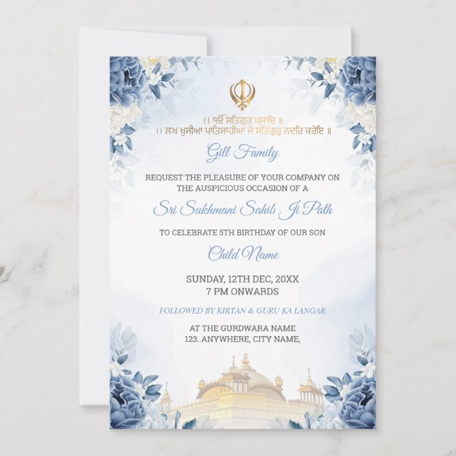 Blue Floral Sukhmani Sahib Path Birthday Invite Einladung (Vorderseite)