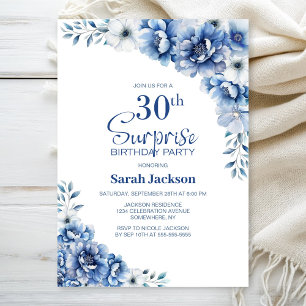 Blue Floral Surprise 30. Geburtstag Party Einladung