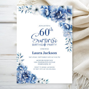 Blue Floral Surprise 60. Geburtstagsparty Einladung