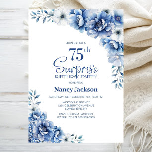 Blue Floral Surprise 75. Geburtstagsparty Einladung