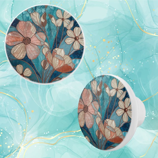 Blue Floral Teal Cream Copper Keramikknauf (Von Creator hochgeladen)