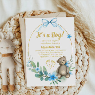 Blue Floral Teddy Bear Es ist eine Baby-Dusche Einladung